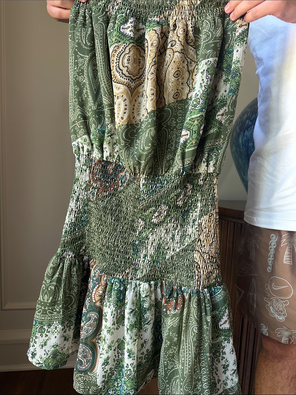 Strapless Green Paisley Smocked Tiered Dress